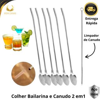 6 Colher Canudo Bailarina + Limpador em Aço Inox Premium Dupla Função para Drinks Sucos Batidas em Oferta na Shopee