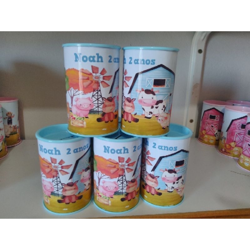 10 Lembrancinha Cofrinho Personalizado Fazendinha Azul Aquarelada Menino