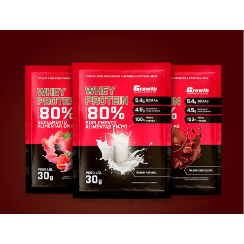 De 3 a 5 DOSES Whey Protein Concentrado 80% Sachês de 30g - Growth Supplements