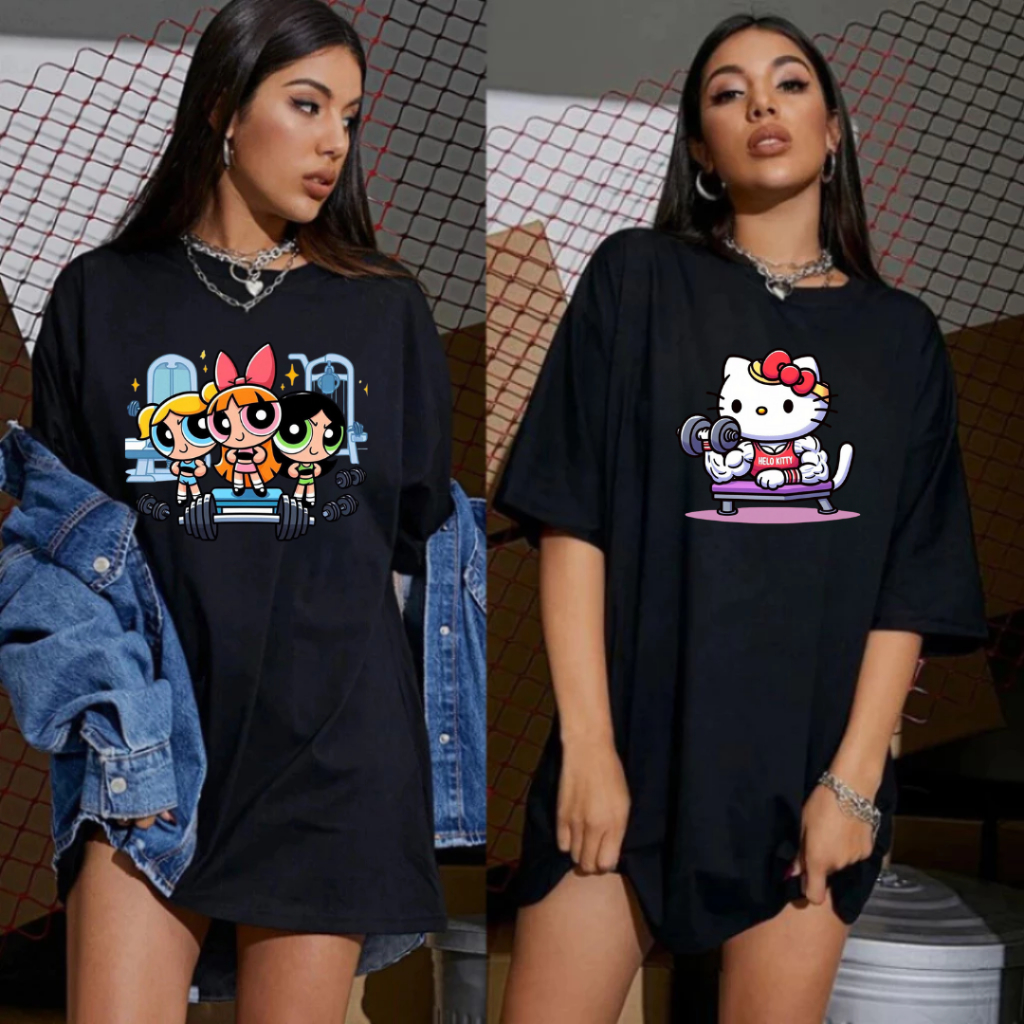 Kit 2 Camisetas Preta Algodão Meninas Super Poderosas ou Hello Kitty Maromba Academia Treino Tendência Envio Imediato