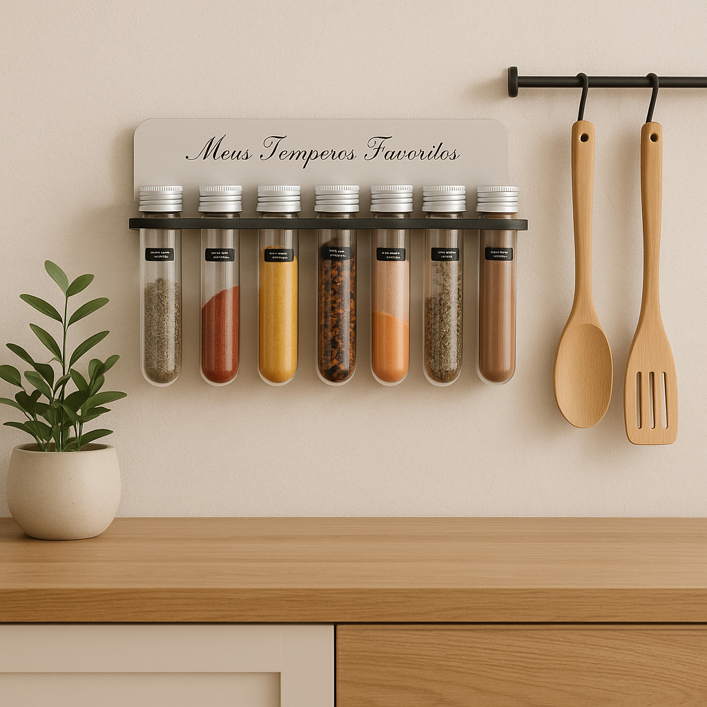 Porta Temperos MDF Decorativo e Prático – 7 Tubos com Tampas de Alumínio – Organização e Decoração