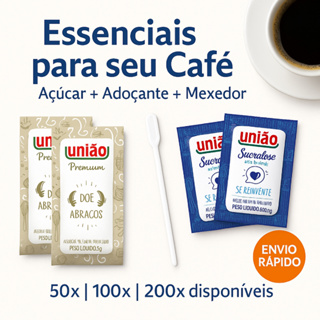 Kit Açúcar Sache União + Adoçante Sachê Sucralose + Mexedor p/ Café | Escolha 50, 100 ou 200 unid em Oferta na Shopee