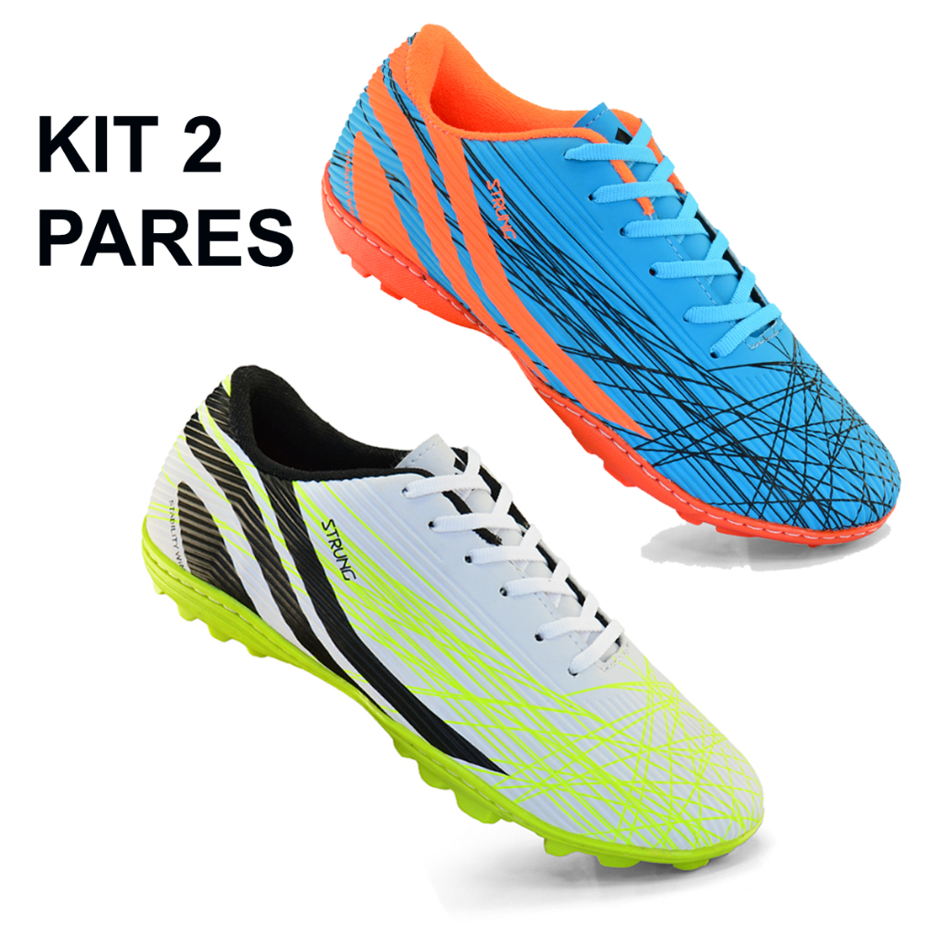 KIT 2 pares de Chuteira Futebol Society Costurada Reforçada Chuteira de Campo Sintético