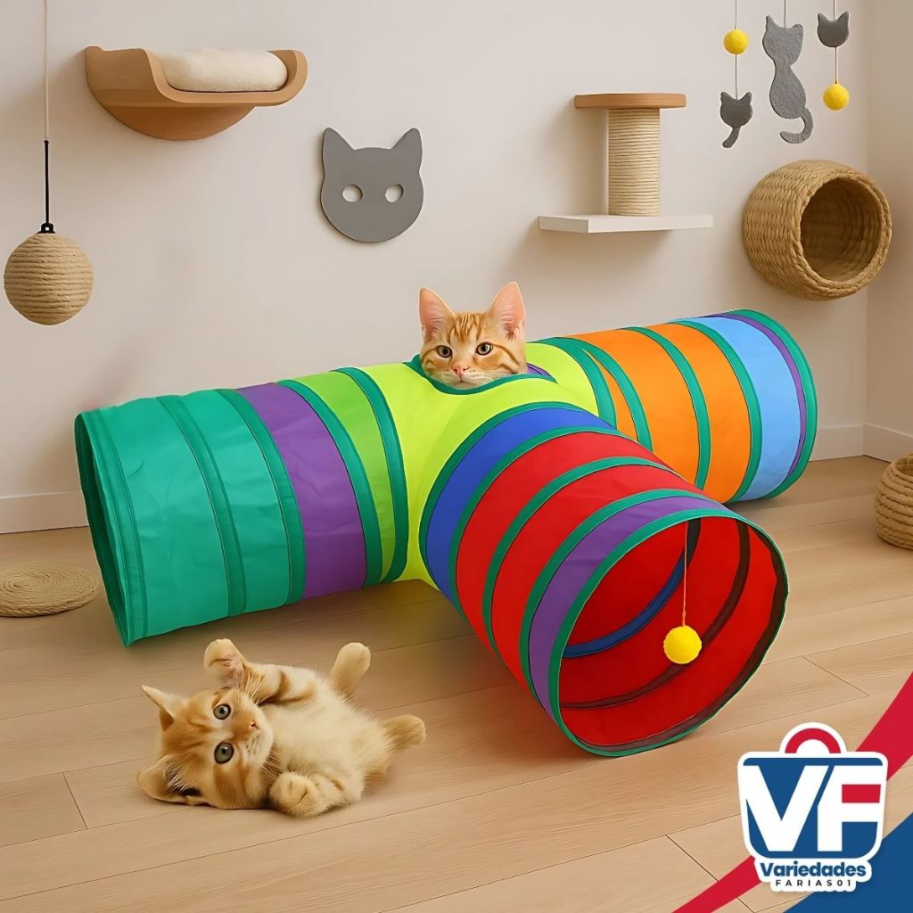 Túnel Tubo Labirinto Interativo Brinquedo Gato Formato Reto T e Y Resistente Dobrável com Bolinha