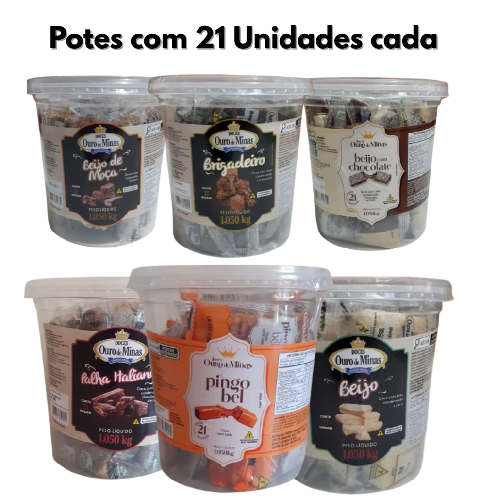 Doce Ouro de Minas Pote 21 unidades Brigadeiro Beijinho Pingo Leite Palha Italiana