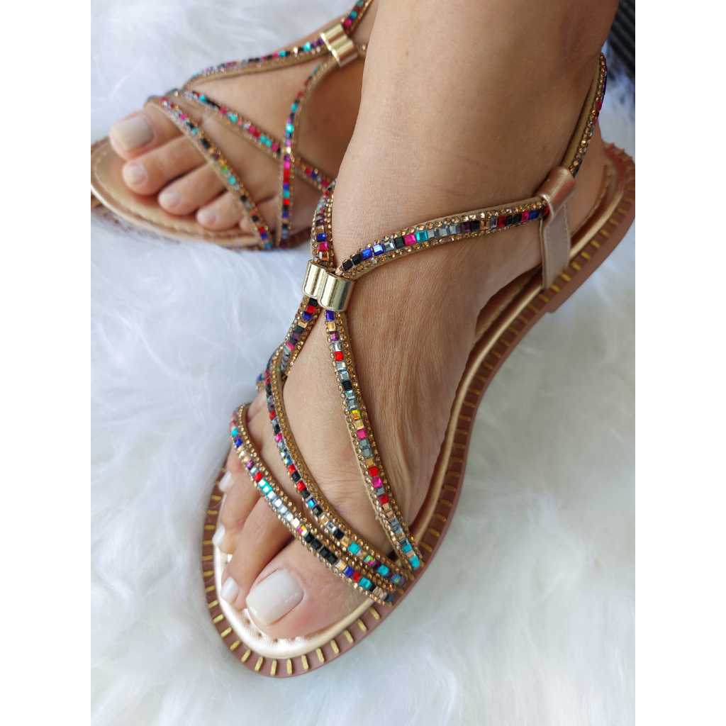 Sandalia Feminina Rasteira Brilho Strass  Veronez Comfort Chinelo  Lançamento Tendencia Moda