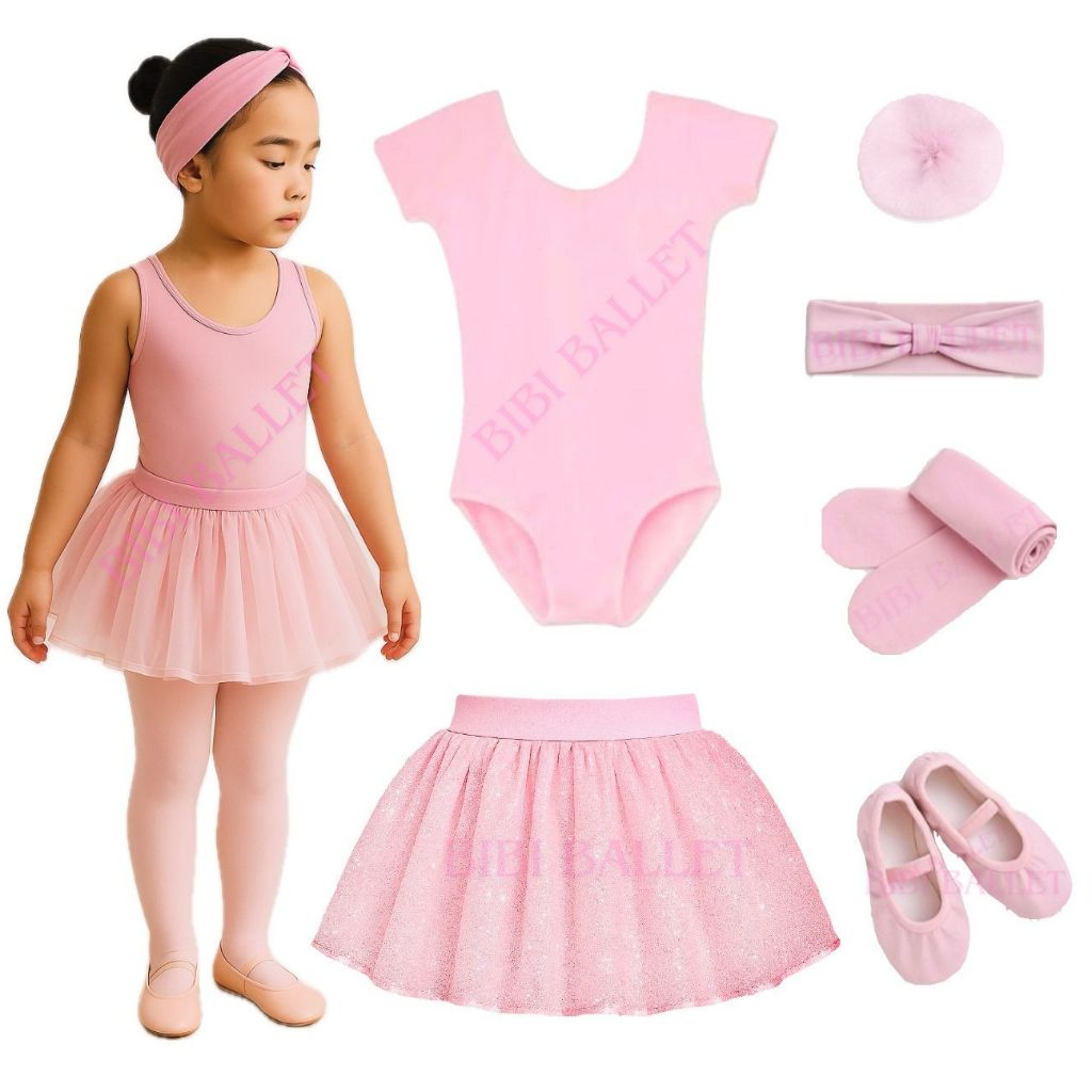 Kit Ballet Infantil - 6 itens/ uniforme para dança completo - (Saia Tule SEM Glitter e Collant COM Manga) - ROSA em Oferta na Shopee
