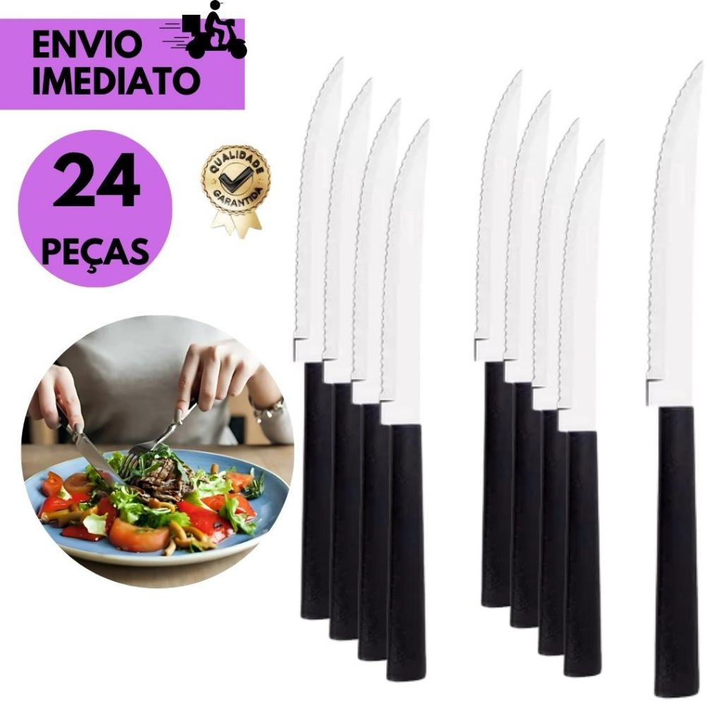 Kits 24 ou 12 Faca de Inox Cabo Preto Corte Preciso e Resistente p/Cozinha ou Churrasco uso Diário