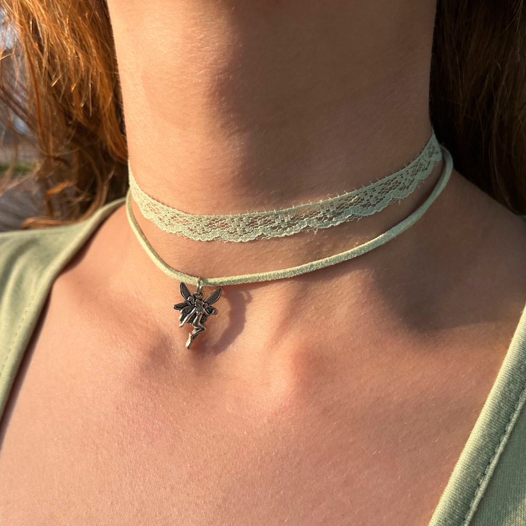 Colar/Choker Fairy com Renda Pingente de Fada Camurça Cottagecore em Oferta na Shopee