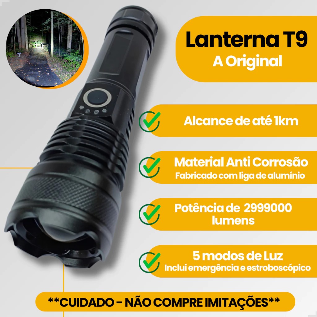 Lanterna Super Potente T9 P50 Tática Mais Forte Do Mundo Sitio Fazenda Acampamento Camping Segurança Recarregável USB