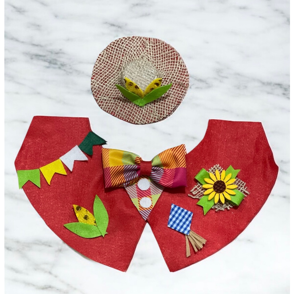 Bandana + acessório para cabeça festa junina cachorro e gato pet fantasia arraia