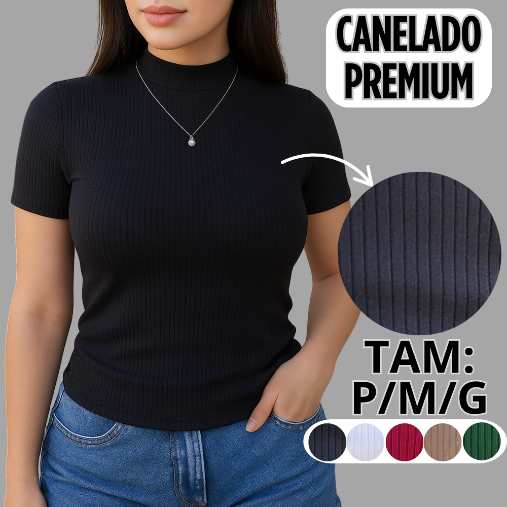 Blusa Canelada Feminina Gola Alta Manga Curta Canelado Premium