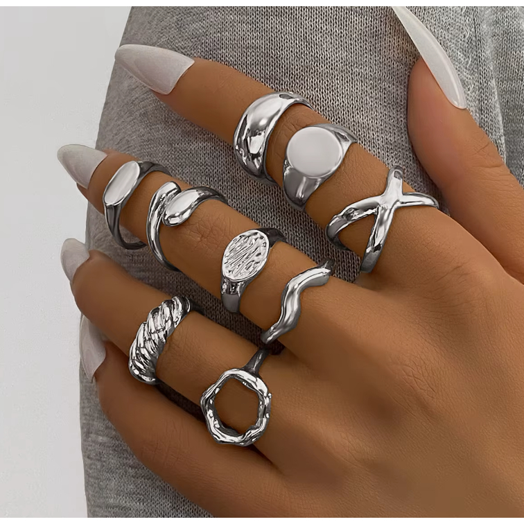 9 Anéis grossos para mulheres, cúpula grossa, redonda, aberto, conjunto de anéis geométricos