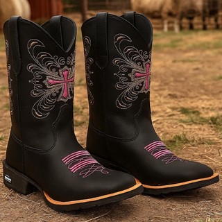Bota Texana Feminina Country Botina Bico Quadrado de Ótima Qualidade Rodeio Festa do Peão Sertanejo Oferta Hoje Presente