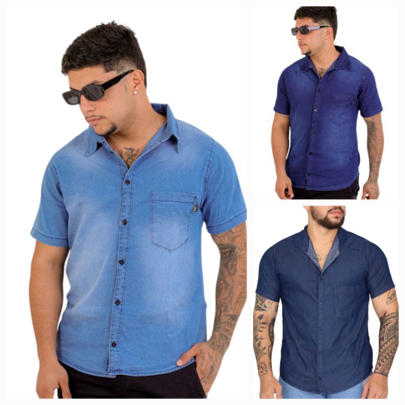 Camisa jeans masculina social com botões, camisa jeans slim com bolso frontal. blusa jeans