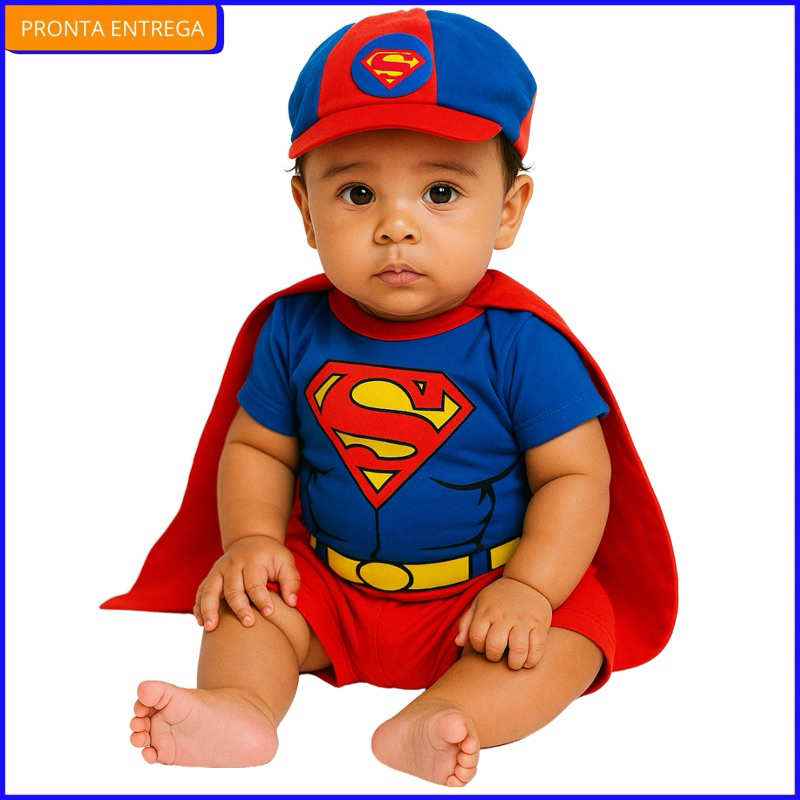 Body bebê temático super homem + boina infantil personagem fantasia heróis em Oferta na Shopee