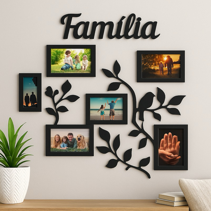 Porta Retrato de Parede Familia Galhos Mural Com 6 Espaços Para Fotos em Mdf PROMOÇÃO BLACK FRIDAY DECOR BLACK