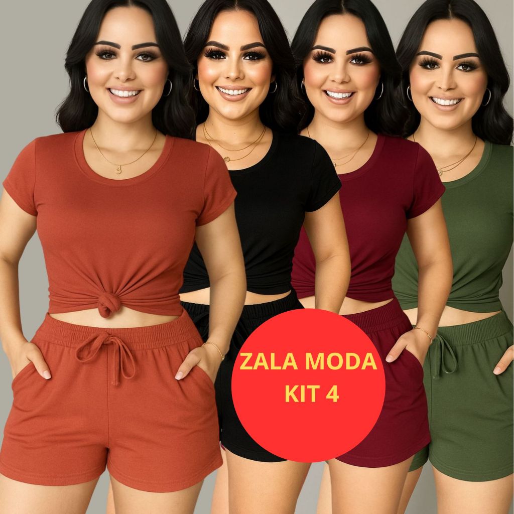 Kit 4 Conjunto Feminino Shorte Blusa ]Casual Festa Dia Dia Formal Leve Verão Desponjado Ch...