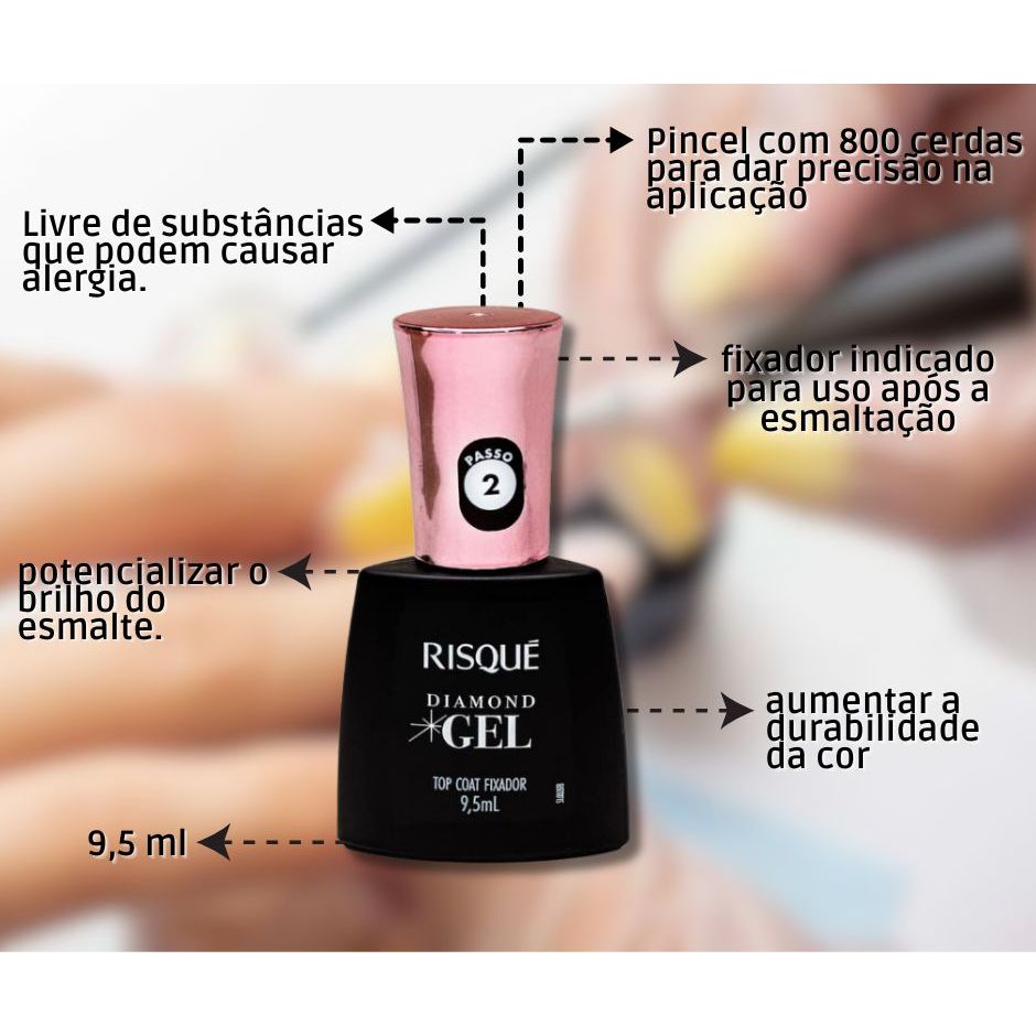 Kit c/2 Esmalte risqué Top coat Gel fixador 9,5ml