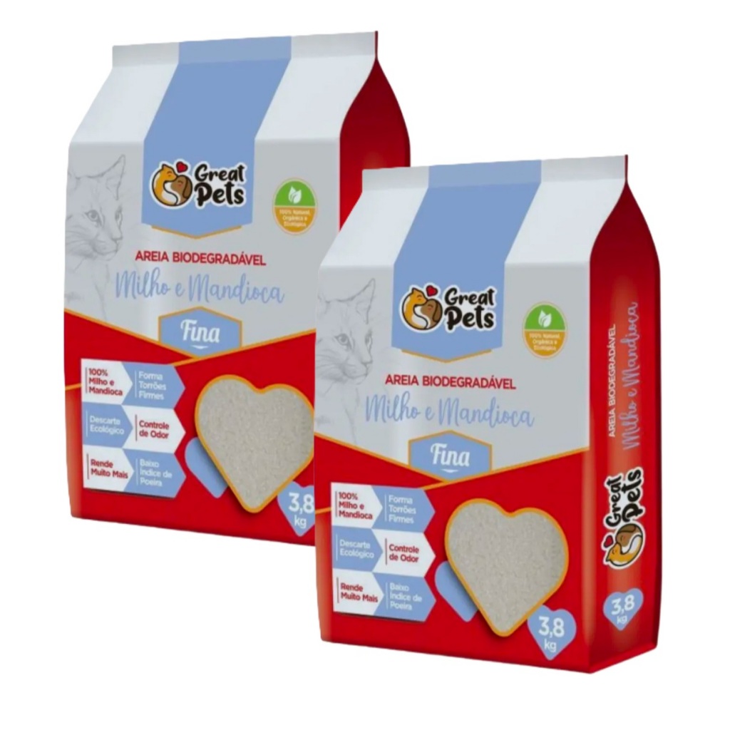 Kit 2 Areia Biodegradável Fina 3,8 Kg  para Gatos - Great Pets em Oferta na Shopee