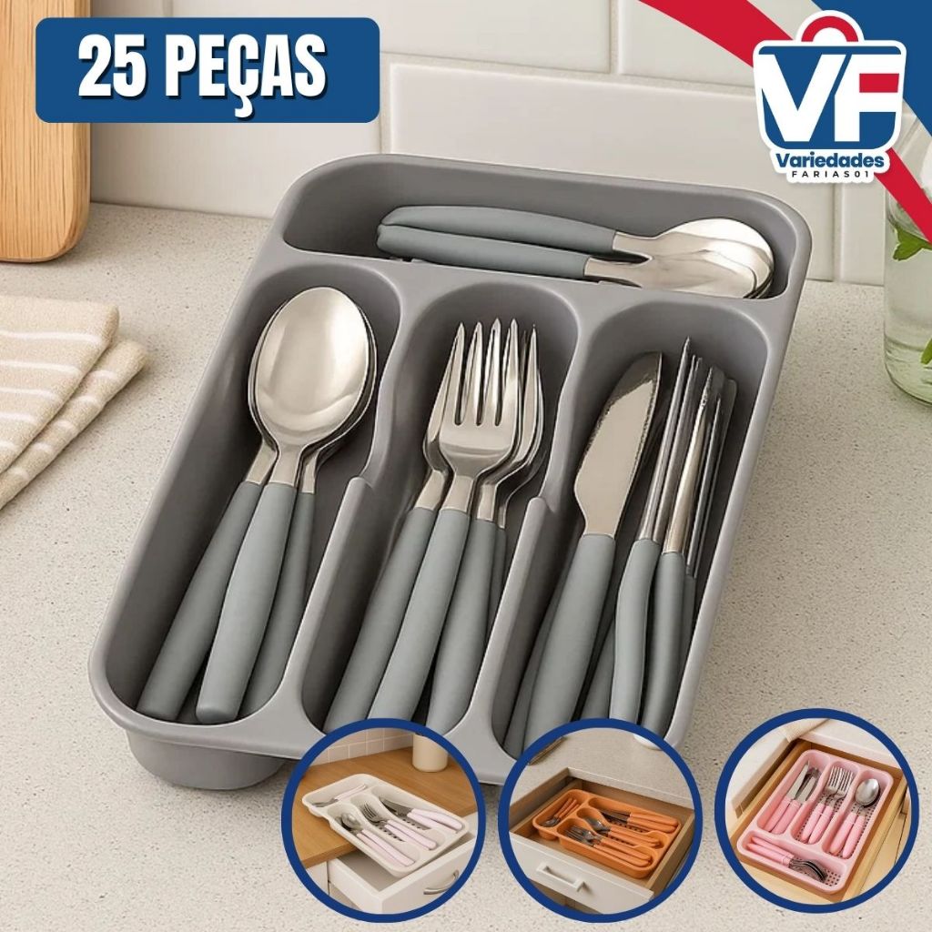 Conjunto de Talheres Inox 25 Peças com Gaveteiro Faqueiro Jogo Faca Colher Garfo Cozinha Rosa Cinza