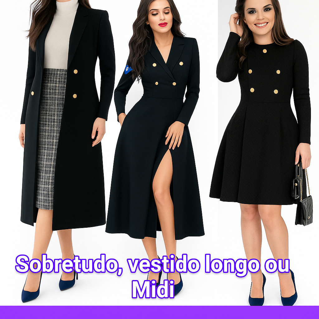 Vestido Moda Evangélica Plus Size Preto Aberto na Frente Roupas Social Estilo Casaco Sobre Tudo Casual Midi Executiva