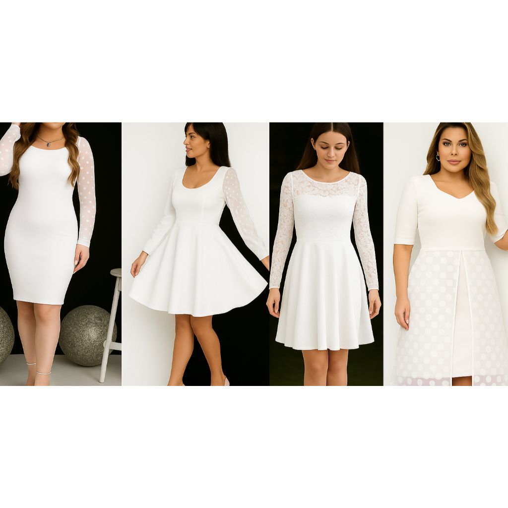Vestido para Casamento Civil Branco Tubinho Plus Size Social manga longa tule poá com botões (igreja, casamento Festa)