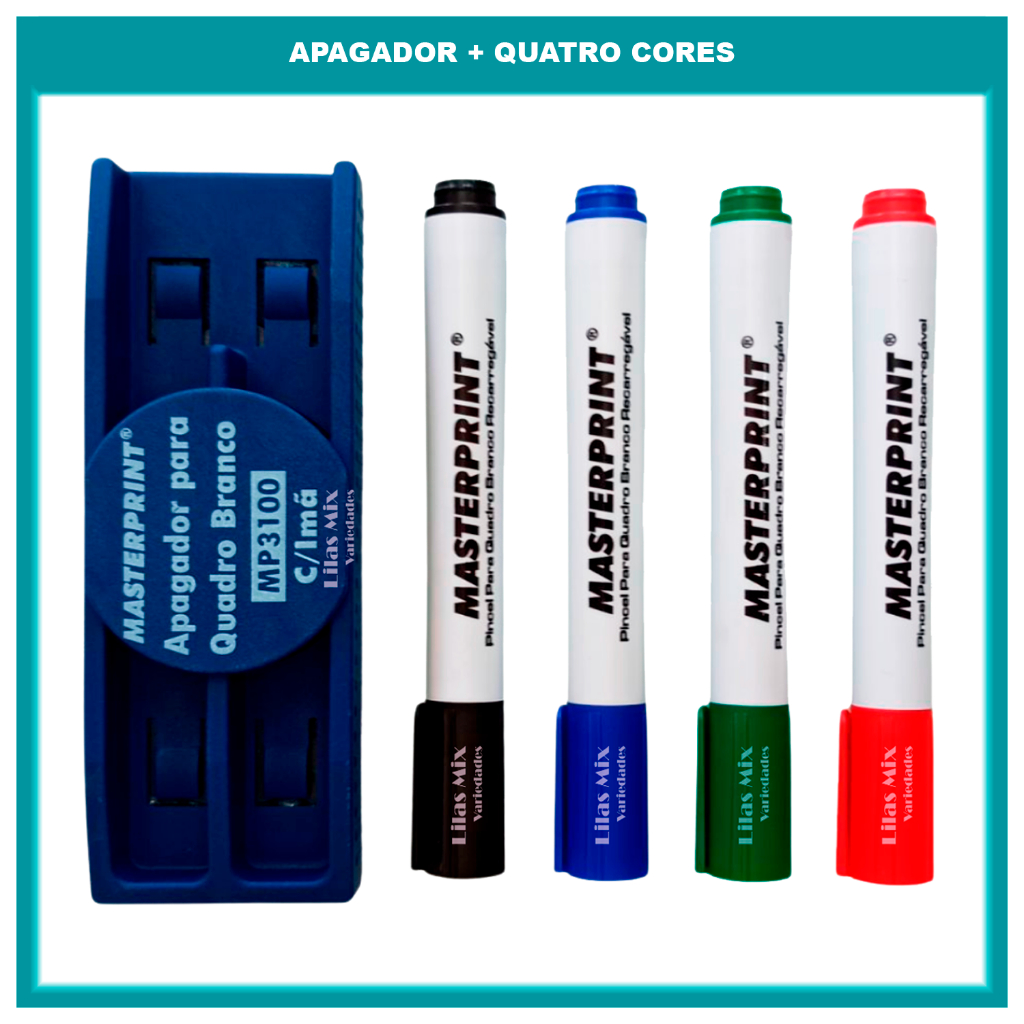 kit Pincel Quadro Branco 4 Cores Recarregáveis  + Apagador Quadro Branco Masterprint em Oferta na Shopee