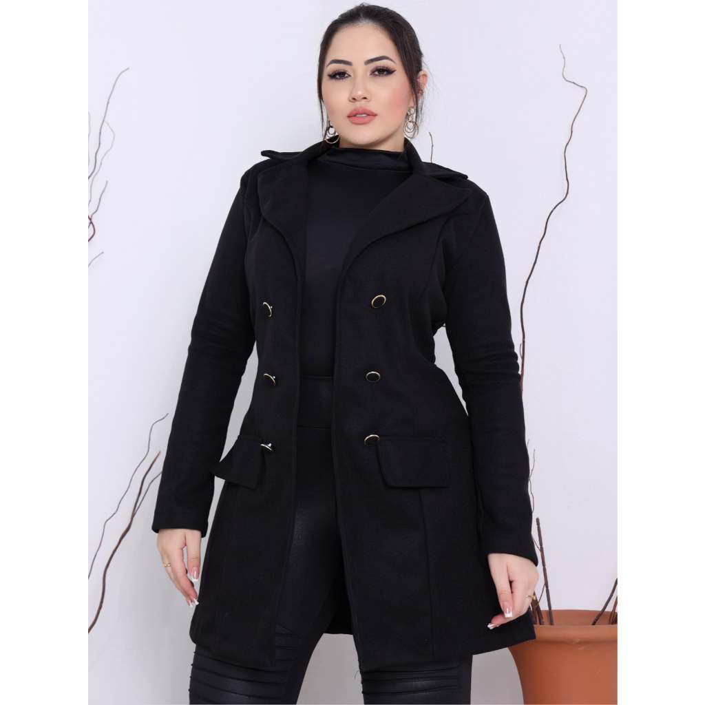 Casaco Feminino Sobretudo Lã Batida Elegante Inverno Luxo