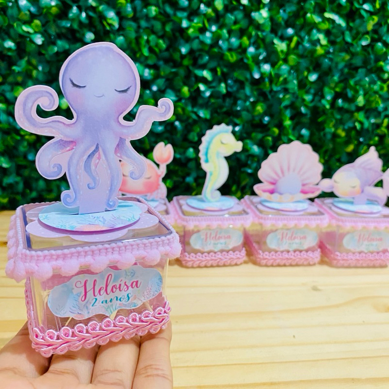 Kit 10 Caixas Acrílica 5x5 Fundo do Mar Rosa Lembrancinha Personalizada Luxo | Festa Infantil