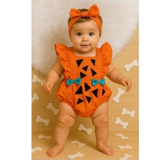 Romper Salopete Jardineira  Fantasia Pedrita Bebê Menina – Mesversário Look Temático Os Flinstones Infantil Fofo