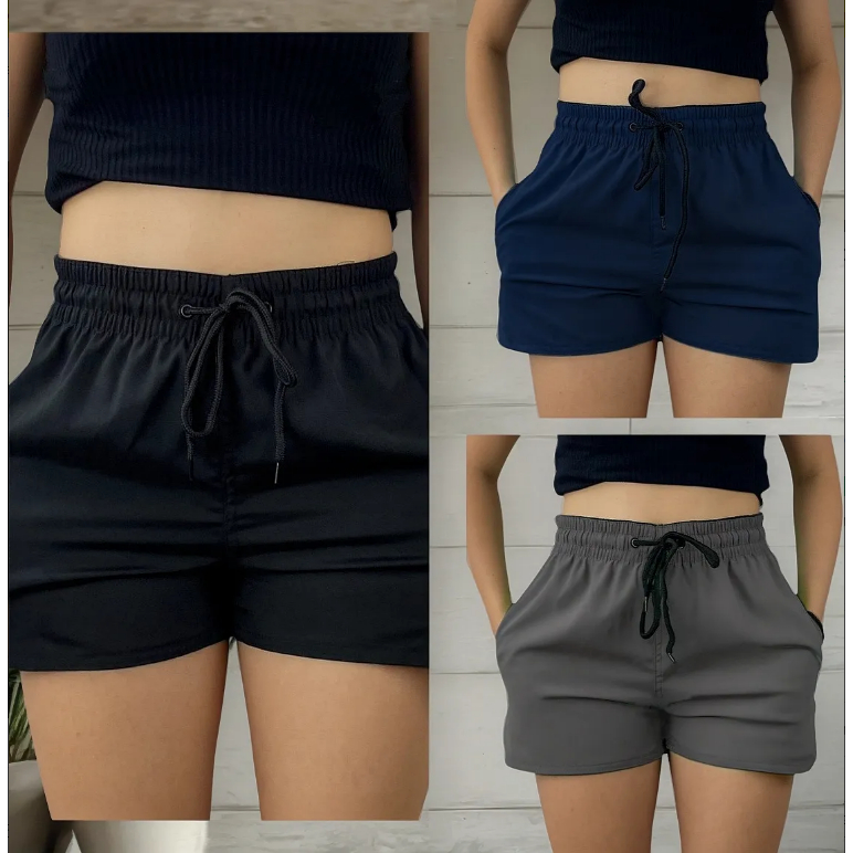 KIT 3 shorts feminina tactel elastano moda praia treino secagem rapido com 2 bolsos lateral em Oferta na Shopee