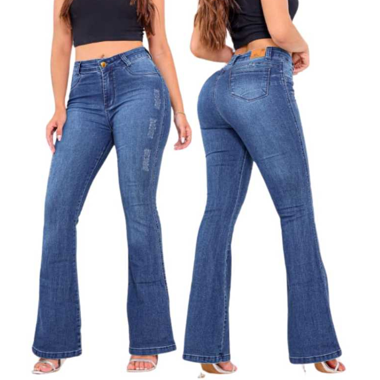 Calça Jeans Feminina Flare Cos Alto Levanta Bumbum Com Lycra Boca De Sino Jeans Claro