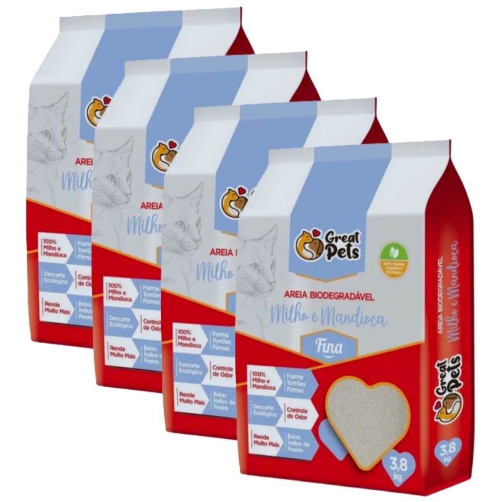 Kit 4 Areia Biodegradável Fina 3,8 Kg  para Gatos - Great Pets em Oferta na Shopee