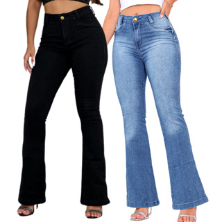 Kit 2 Calças Feminina Jeans Flare Cintura Alta Premium Levanta Bumbum com Lycra Top em Oferta na Shopee