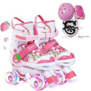 Patins Infantil 4 Rodas Menina Rosa Morango Promoção Com Led + Proteção Ajustável Black Friday em Oferta na Shopee