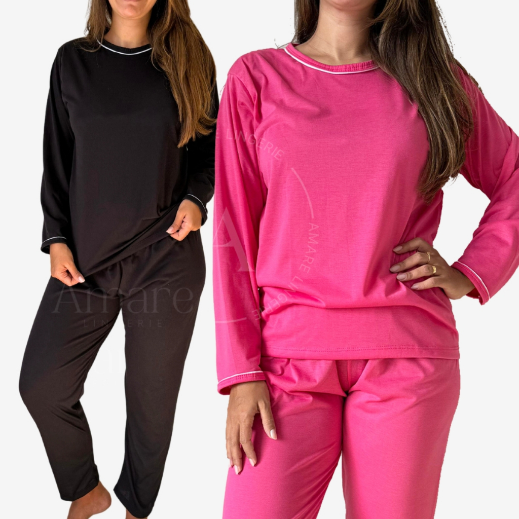 Pijama Longo Feminino de Inverno em Malha Premium Cores Lisas em Oferta na Shopee