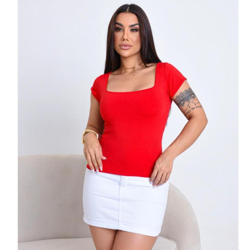 Blusa Baby Look Feminina Básica Com Decote Quadrado Com Manga Curta Moda Casual Versátil Blogueira
