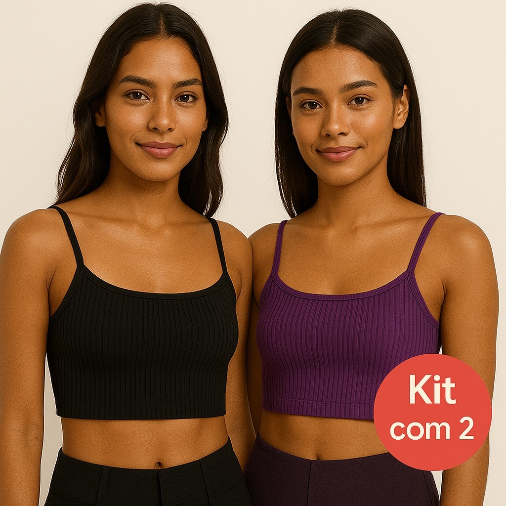 Kit 2 Croppeds Top Canelados Femininos | Alça Fina | Cores Sortidas | Moda Básica Confortável e Estilosa Promoção