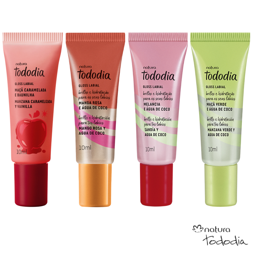 Gloss Labial Natura Tododia 10ml: Manga Rosa, Melancia e Maçã Verde + Água de Coco, Maçã Caramelada e Baunilha