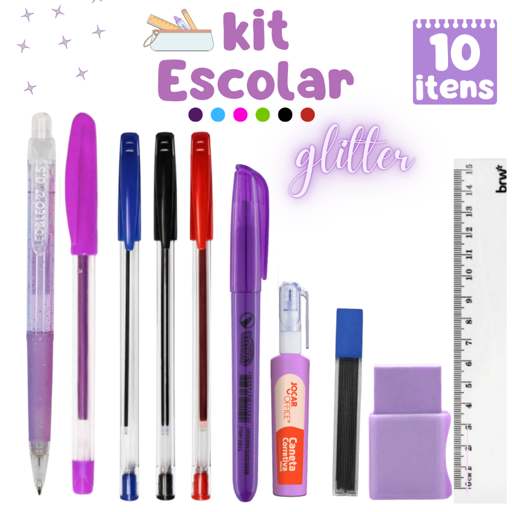 Kit Escolar 10 Itens - Canetas - Marca-texto - Corretivo - Lapiseira - Borracha - Grafites - Régua