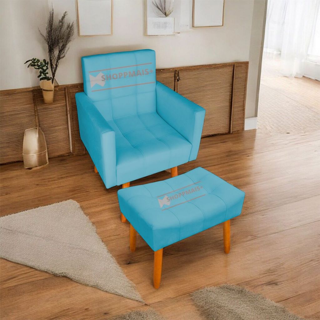 Kit Poltrona Luxo Com Puff Estofado Poltrona Para Decoração Recepção Amamentação Escritório Penteadeira - Poltrona Azul