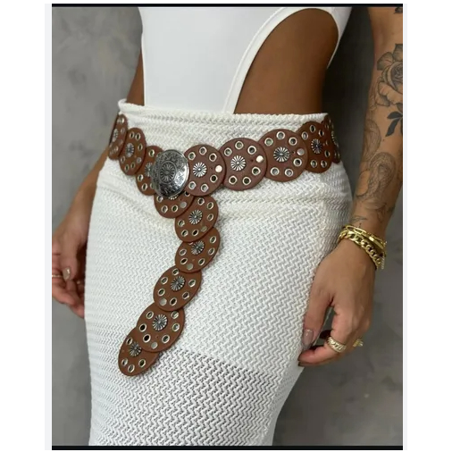 Cinto redondo vintage oco para mulheres, disco largo, cintos de couro PU, fivela de metal estilo ocidental cowboy, cinto