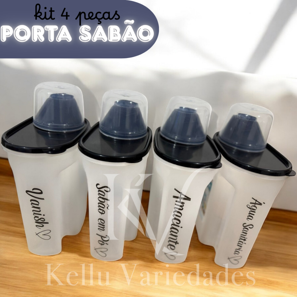Kit Lavanderia 4 Peças – Porta Sabão 1700ml com Adesivo Vanish + Sabão em Pó + Amaciante + Água Sanitária em Oferta na Shopee
