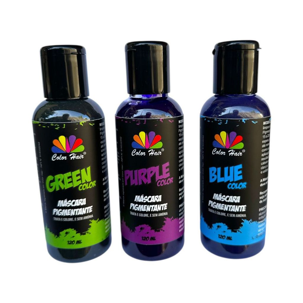 KIT COM 3 UNI DE MASCARA PIGMENTANTE BLUE PURPLE GREEN COLOR HAIR