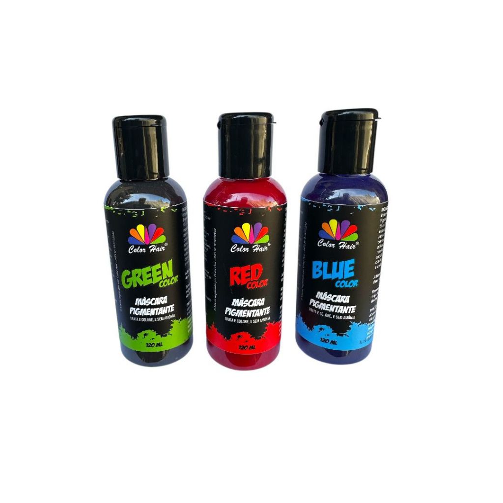 KIT COM 3 UNI MASCARA PIGMENTANTE GREEN RED BLUE COLOR HAIR