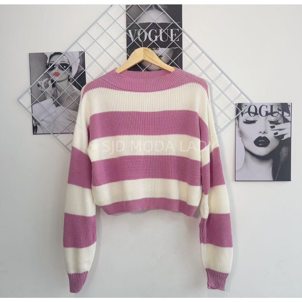 SJD MODA LADY sueter listrado trico modal de la ombro caido super outono inverno estilo coreano y2k adolescente juvenil