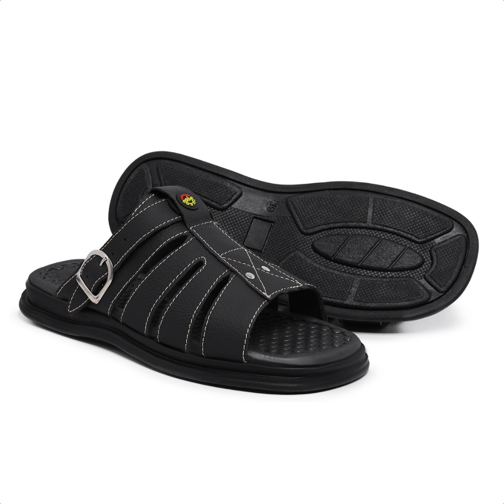 Sandália Chinelo Preta Franciscana Masculina Couro Legítimo Confortável Ortopédica Antiderrapante