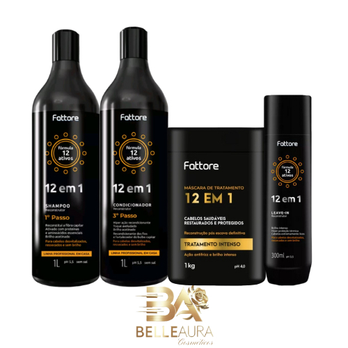 Kit Fattore Fórmula 12 em 1 - Shampoo (1,0L), Condicionador (1,0L), Leave-in (300ml), Máscara (1kg) em Oferta na Shopee