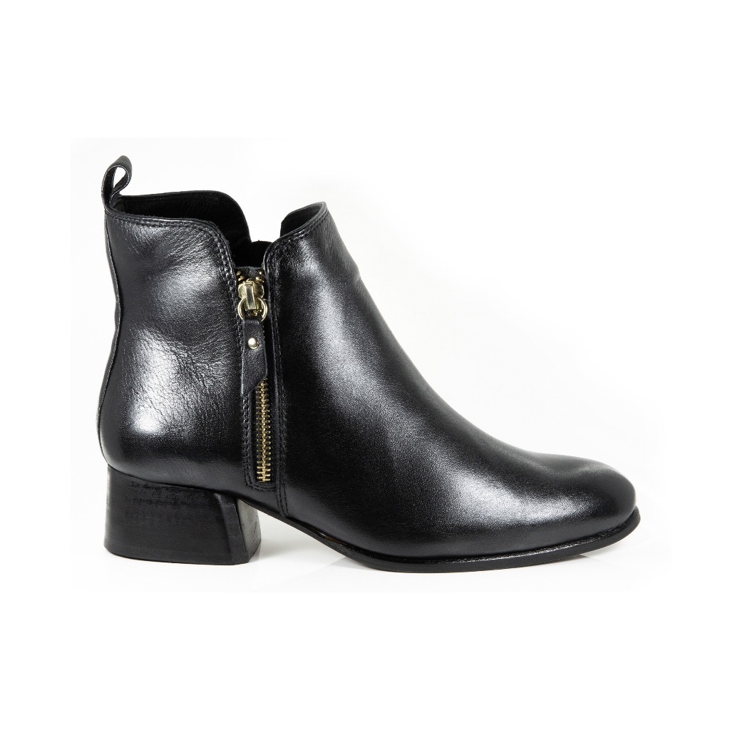Bota Feminina Casual Social Couro Carneiro Cano Baixo Confortável Zíper Metal Salto Bloco Preto Marrom